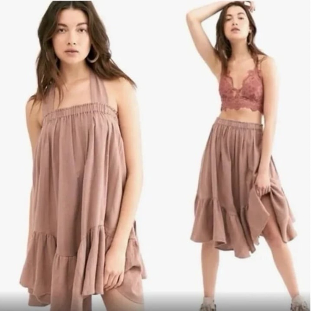Free People Hearts Above Knee Dress Linen Cotton Suspenders Skirt Overall Halter